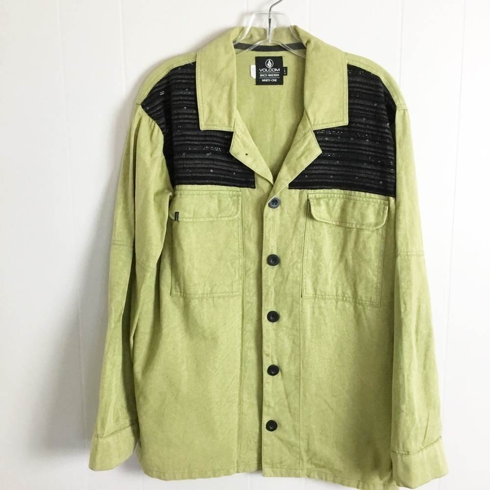 VOLCOM Glam Slam Shirt Jacket Medium Military Style Sequins Canvas Green Large